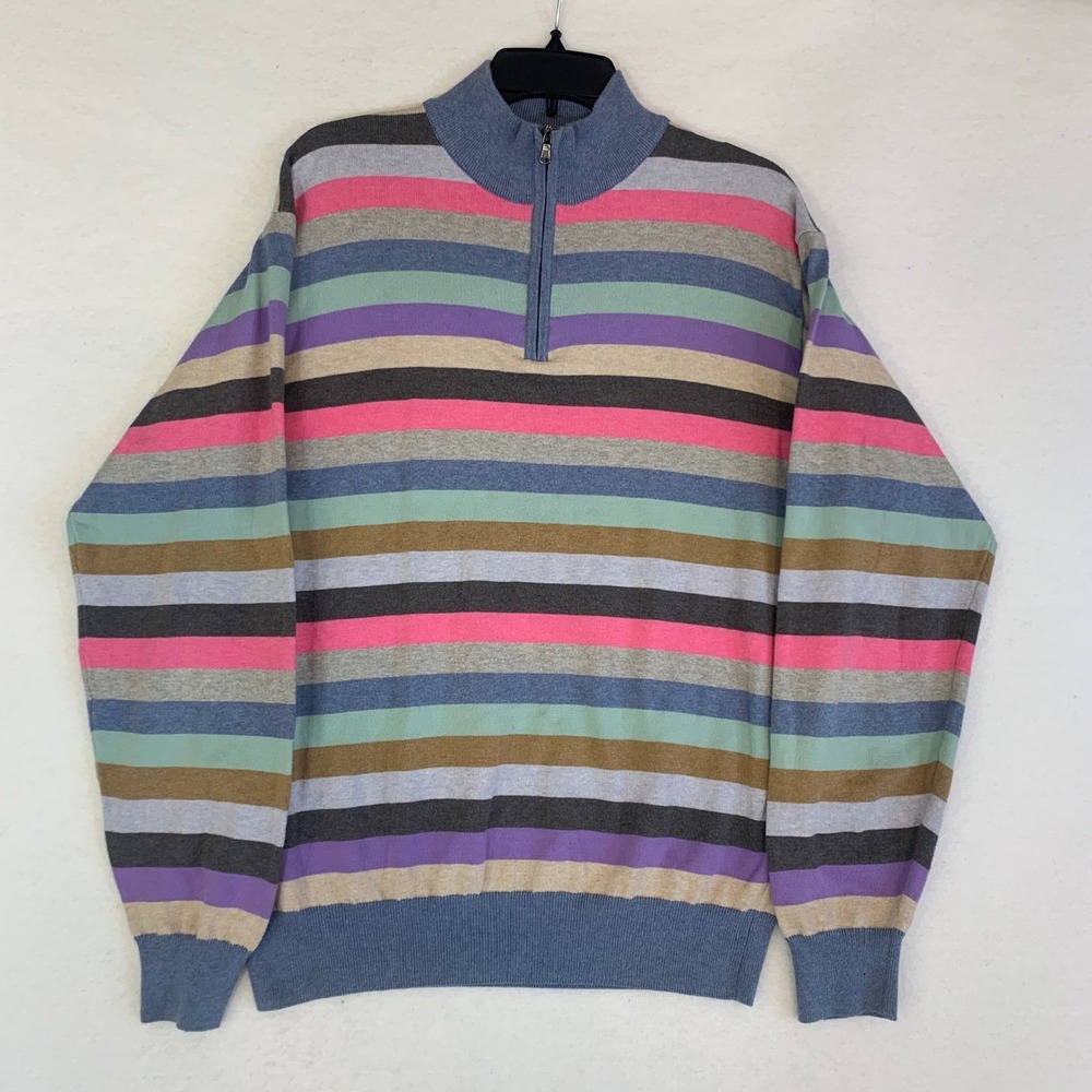 Peter Millar Sweater Mens M Multicolor Stripe Cotton 1/4 Zip Golf Pullover Italy - Picture 2 of 9